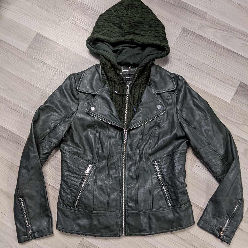 Women's Olive Green Leather Motto Jacket with Knit